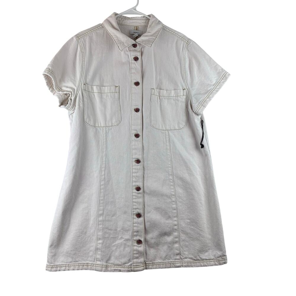 Forever 21 Short Sleeve Button Up Shirt Dress Womens 1X Ivory Thick Cotton Denim
